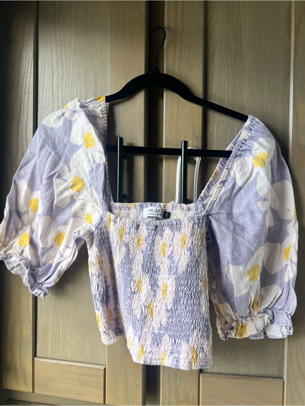 Ava Sky Lavender Smocked Puff Sleeve Crop Top with Yellow Floral Size XS